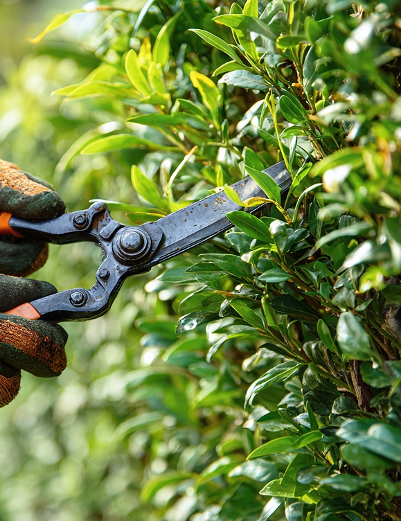 Tailler la haie : Sécateur professionnel pour entretien du jardin Gros plan sur un sécateur coupant une pousse de haie. Gants de jardinage et feuilles vert brillant en pleine lumière.
